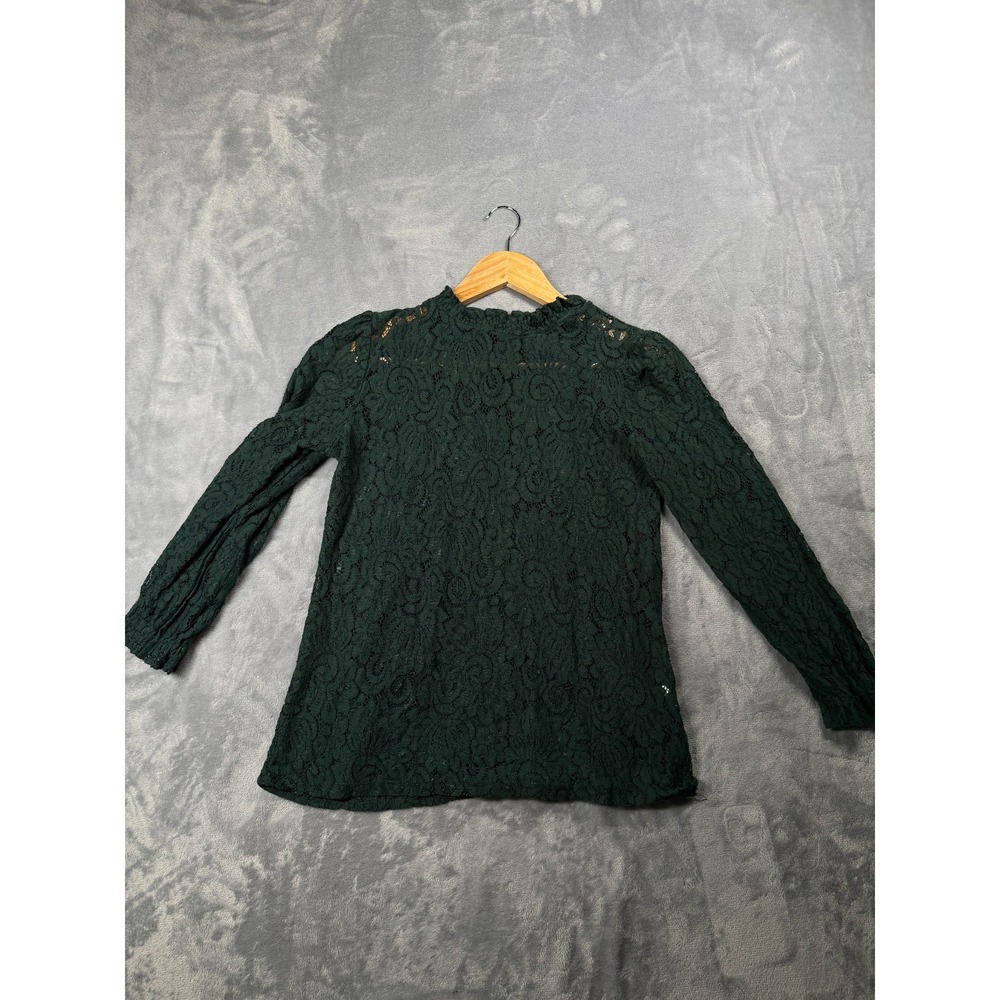 Adiva Blouse Top Womens Small Green Cotton Sheer Lace Ruffled Neck Puff Sleeve